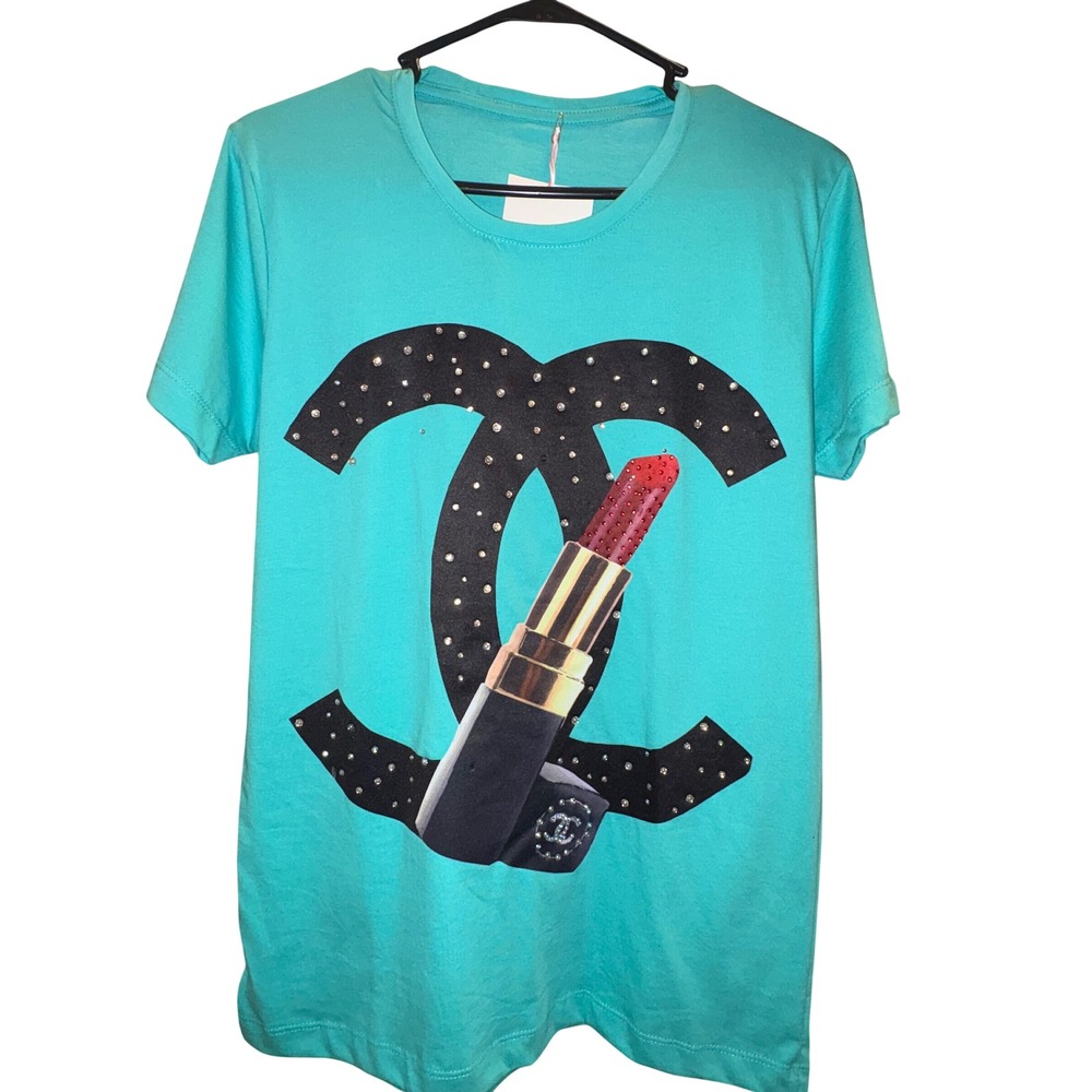 Women's Small Turquoise Rhinestone  Lipstick Graphic T-Shirt Made in Colombia